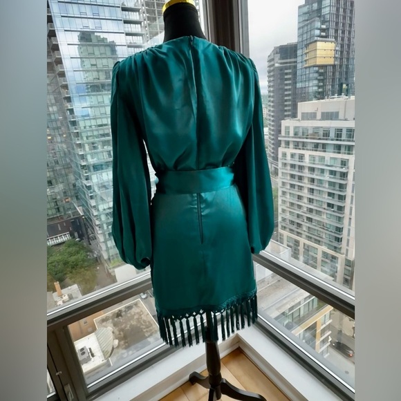 🆕 BRONX & BANCO 🧿 NWOT Monica Long Sleeve Satin Wrap Dress, Fringed Hem - Picture 16 of 16